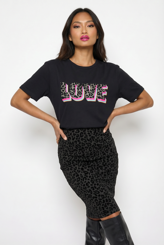 Wildly in Love Black Leopard Graphic Text Tshirt in Black