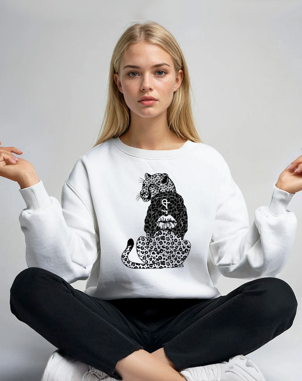 Black Leopard Hooded Hunter Sweatshirt in White