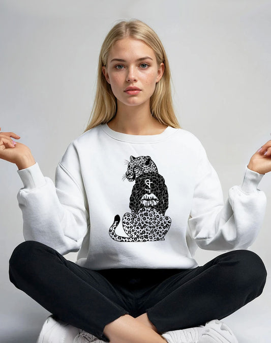Black Leopard Hooded Hunter Sweatshirt in White