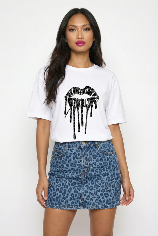 Black Leopard Drip Kiss Oversize Tshirt In White
