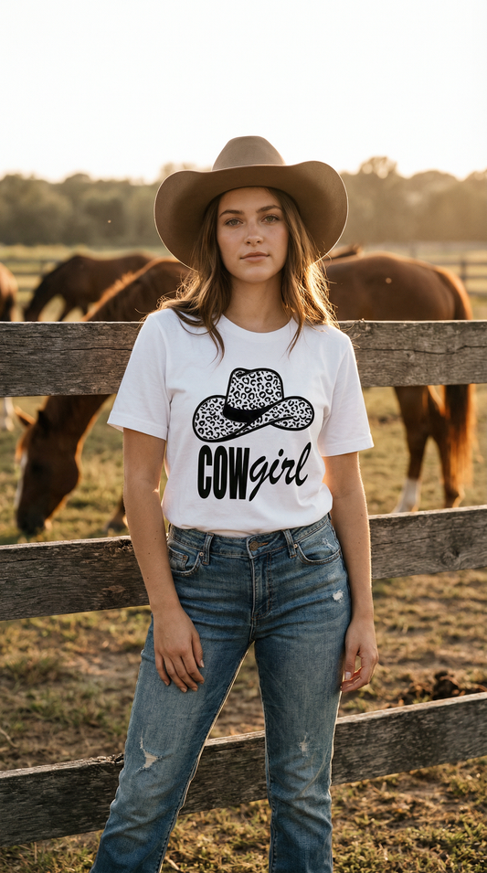 Black Leopard Rodeo Cowgirl Tshirt in White