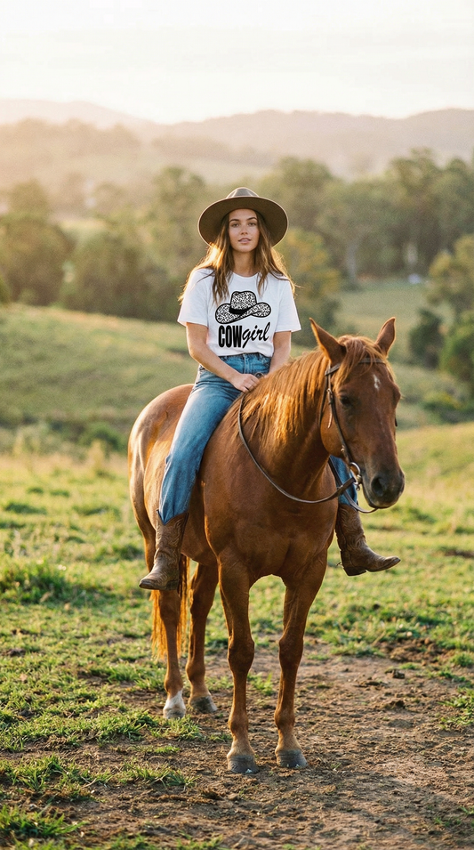 Black Leopard Rodeo Cowgirl Tshirt in White
