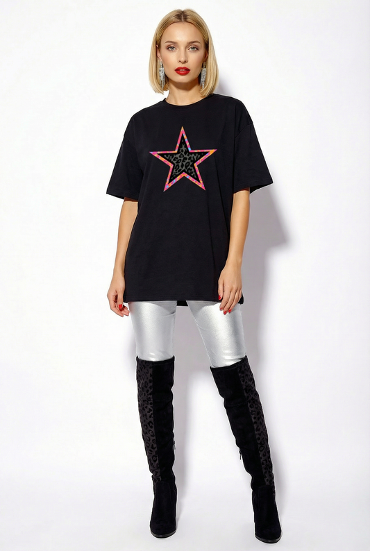 Black T Shirt With Black And Orange Leopard Star Print