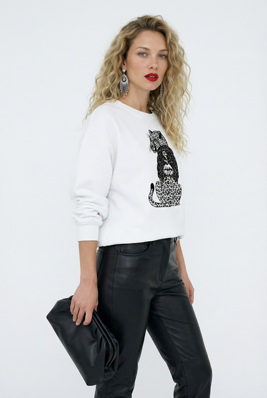 Black Leopard Hooded Hunter Sweatshirt in White
