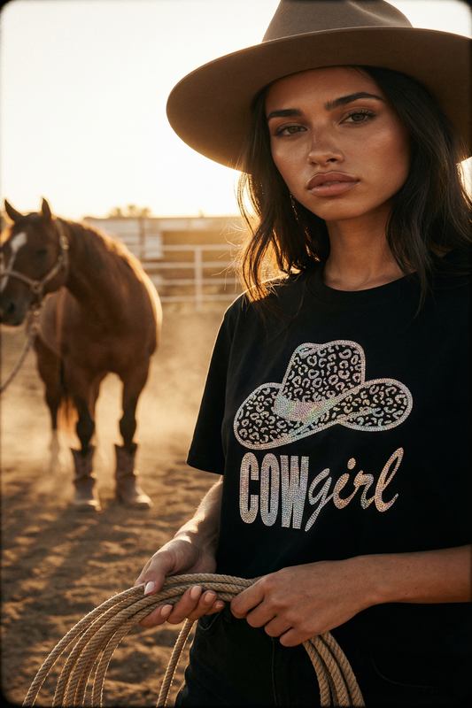Gold Leopard Rodeo Cowgirl Tshirt in Black