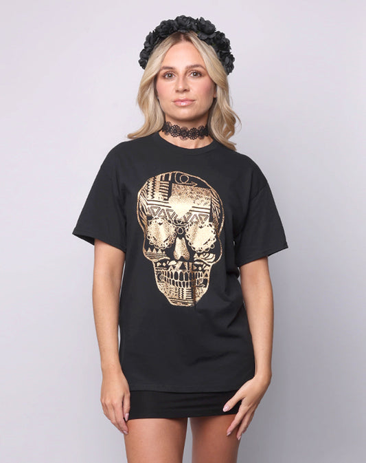 Gold Sugar Skull Halloween Print Tshirt
