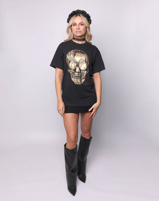 Gold Sugar Skull Halloween Print Tshirt