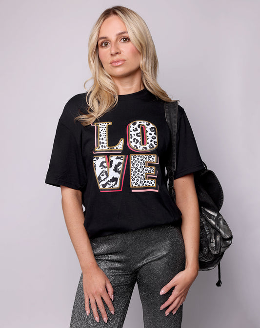Love In Monochrome Leopard Graphic Tshirt In Black