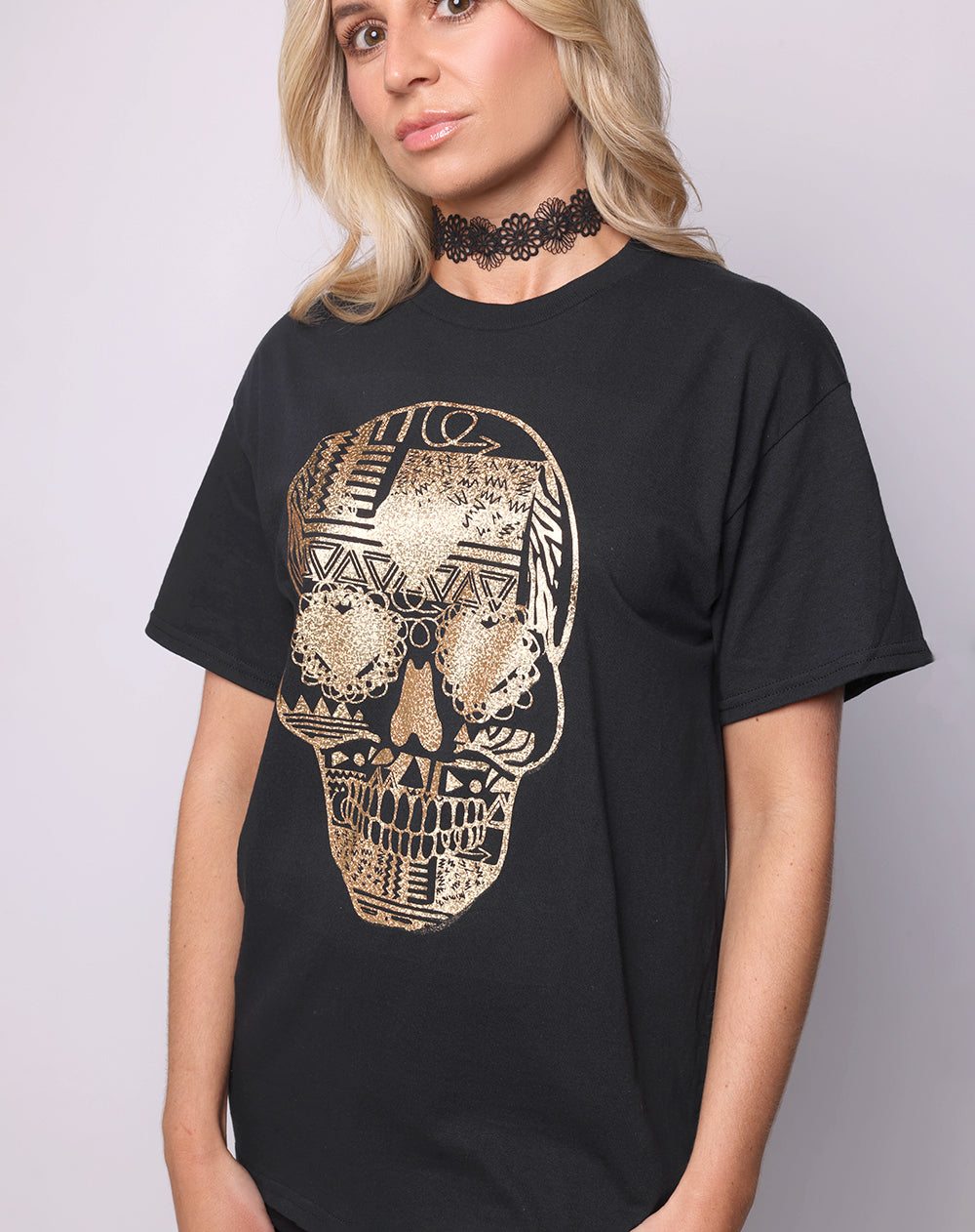 Gold Sugar Skull Halloween Print Tshirt