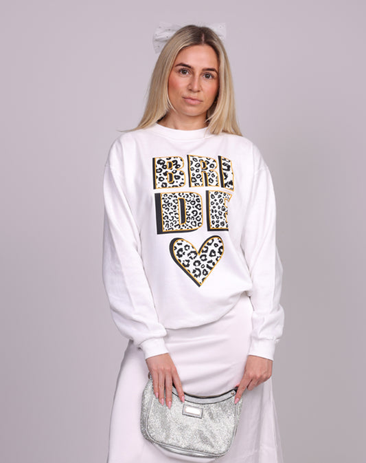Sewthoughtless bride sweatshirt with bold silver leopard print lettering