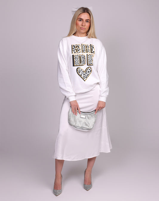 Sewthoughtless white bridal sweatshirt with bold gold leopard lettering