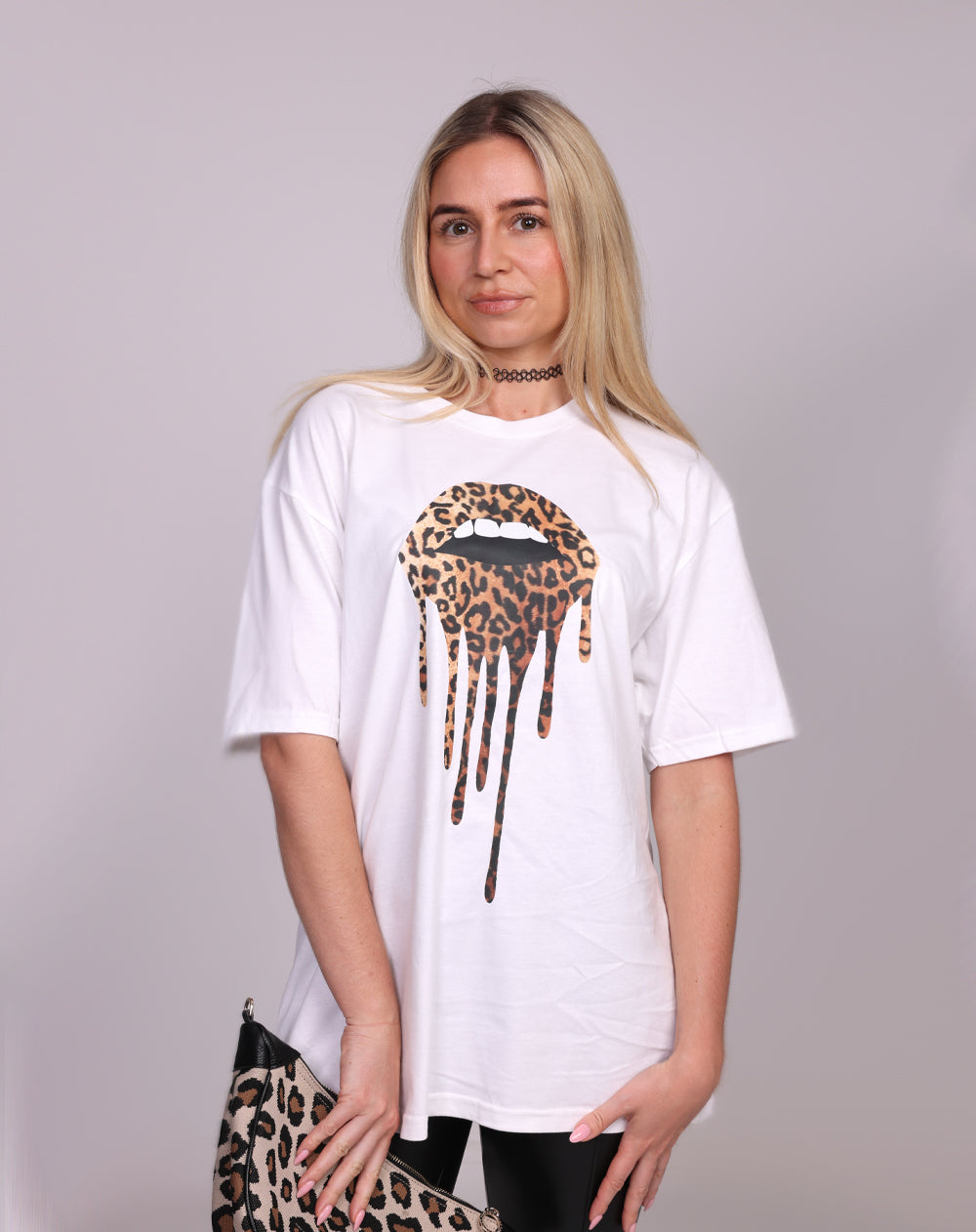 Leopard Print Drip Lip TShirt In White