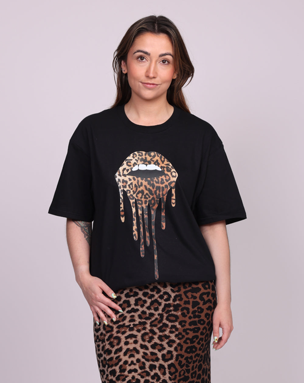 Leopard Lip Drip T-Shirt In Black