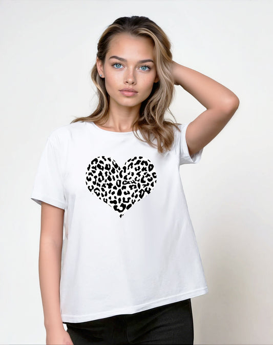 White Tshirt with Leopard Heart in Monochrome