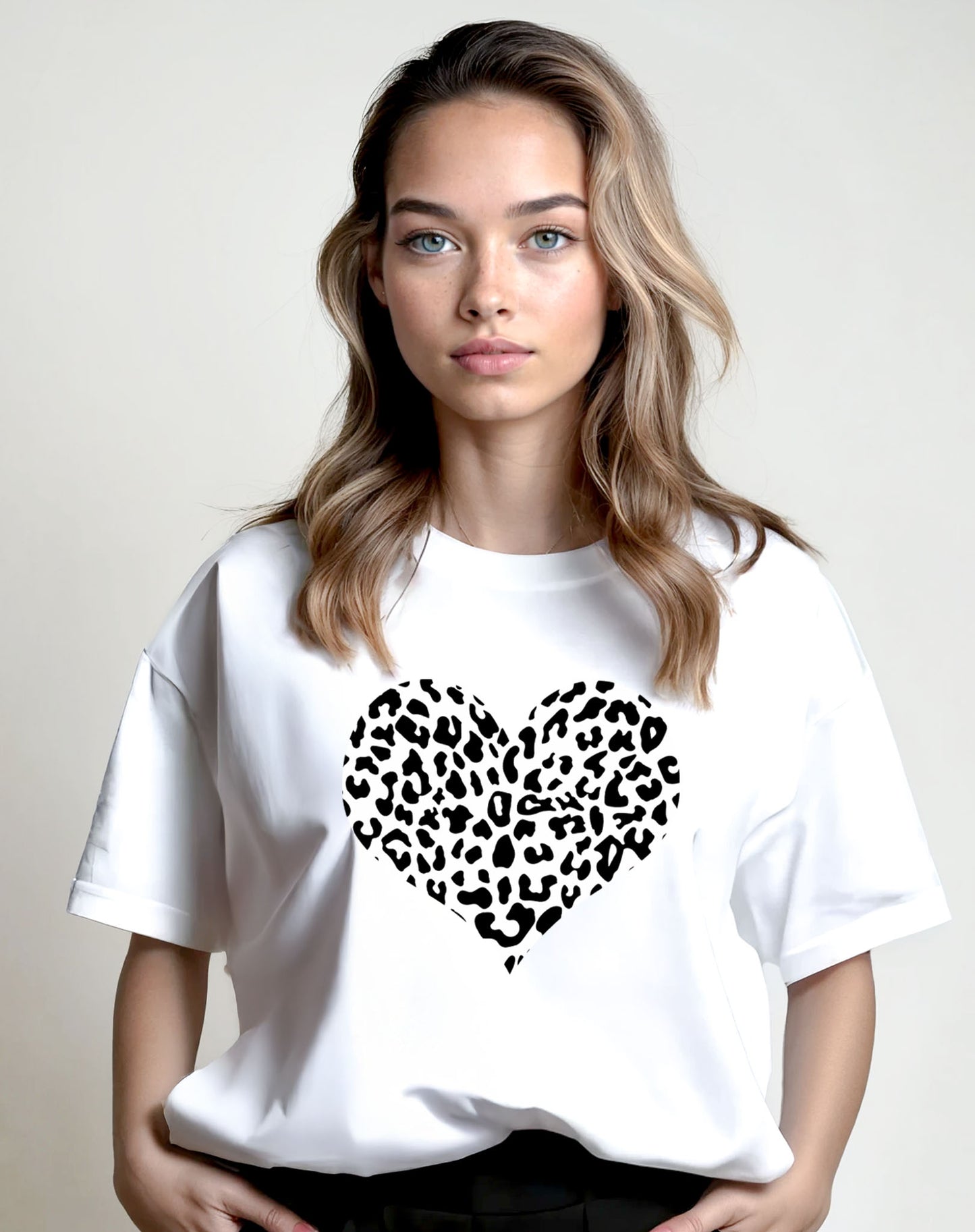 White Tshirt with Leopard Heart in Monochrome