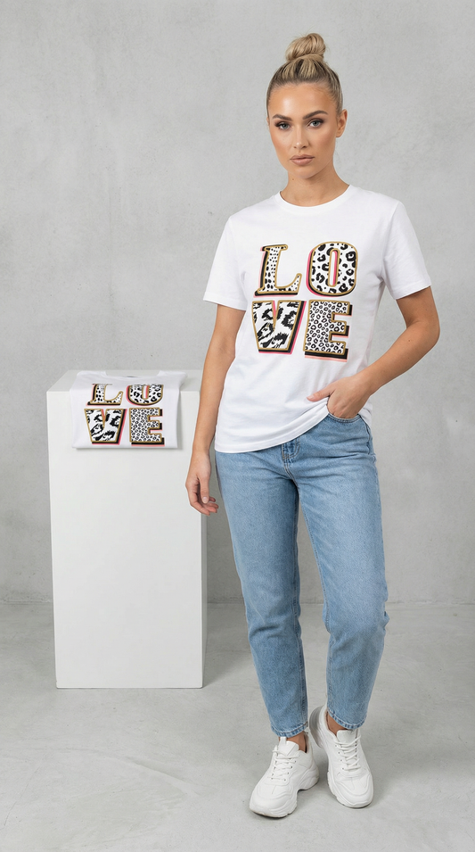 Love In Monochrome Leopard Graphic Tshirt White