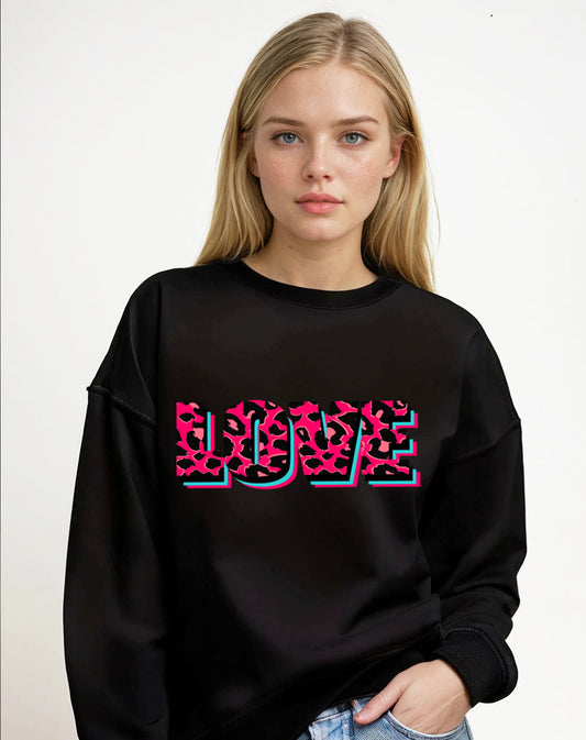 Wildly in Love Pink Leopard Graphic Text Sweatshirt in Black