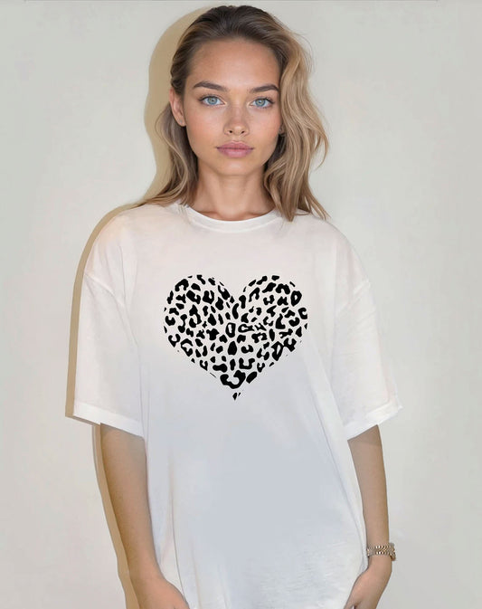 White Tshirt with Leopard Heart in Monochrome