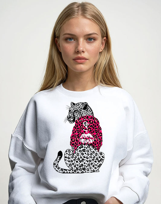 Pink Leopard Hooded Hunter Sweatshirt in White