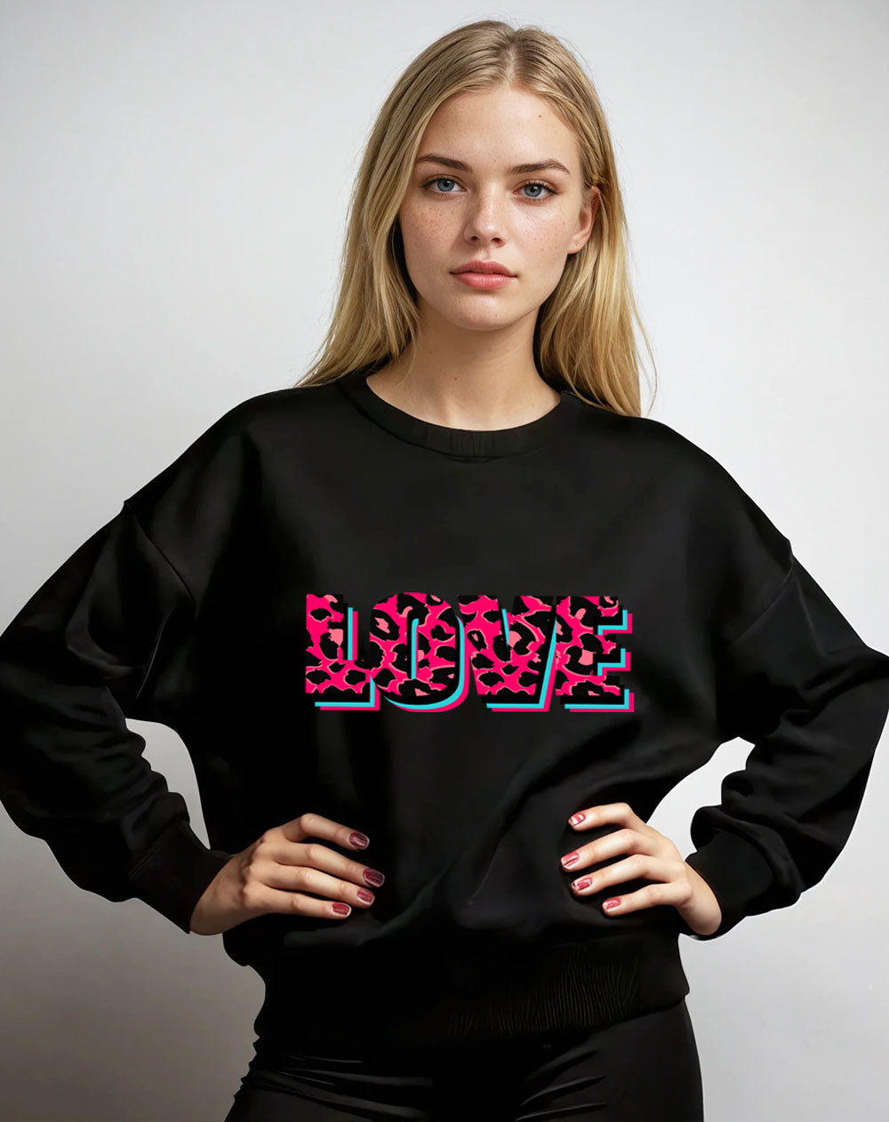 Wildly in Love Pink Leopard Graphic Text Sweatshirt in Black