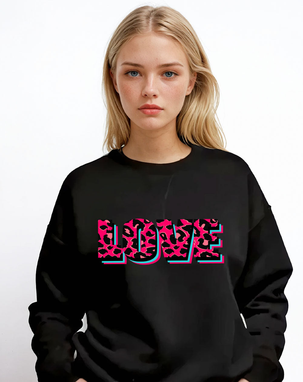 Wildly in Love Pink Leopard Graphic Text Sweatshirt in Black