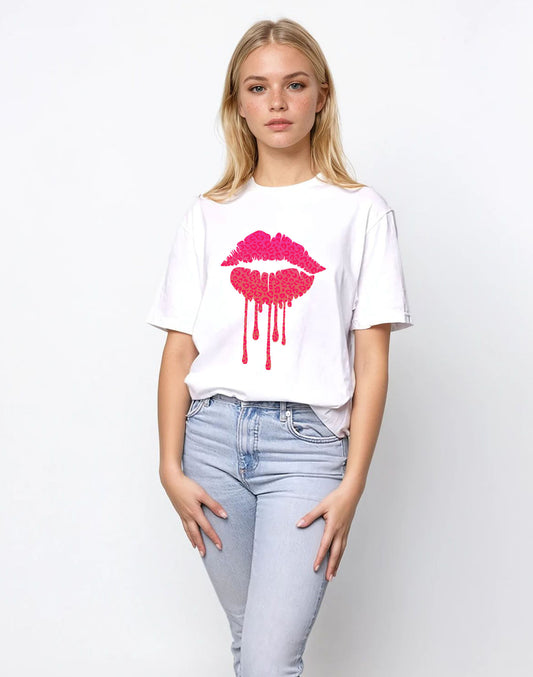 Pink Leopard Neon Drip Lip Tshirt In White