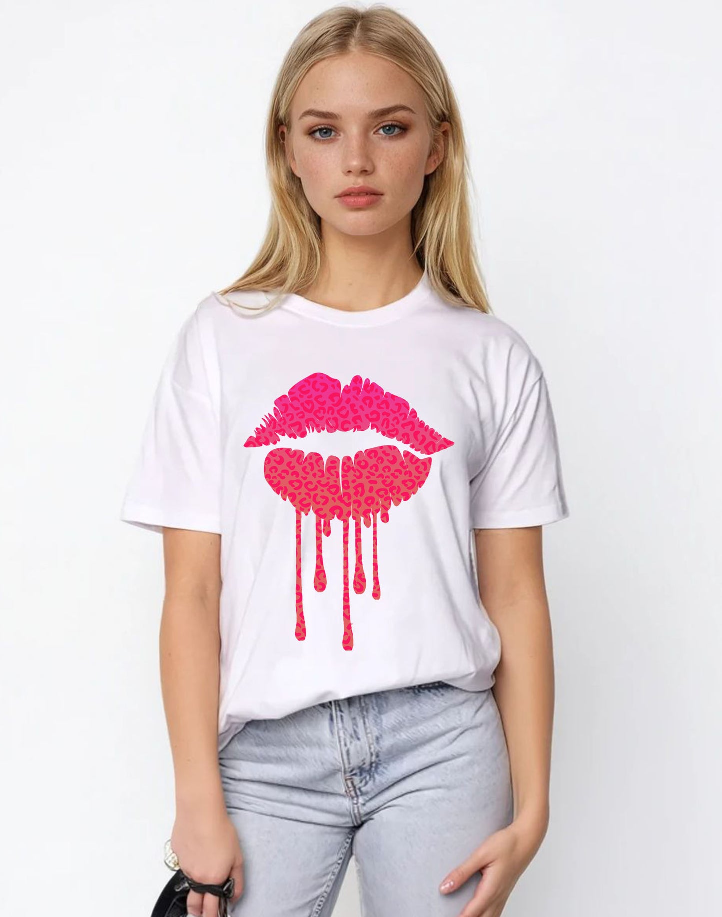 Pink Leopard Neon Drip Lip Tshirt In White