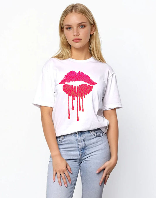 Pink Leopard Neon Drip Lip Tshirt In White