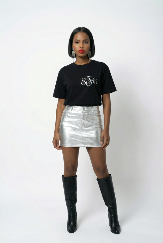 Personalised Monogram Initial Outline Silver Foil Tshirt Top In Black