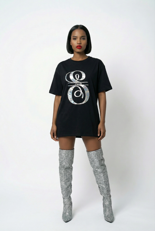 Personalised Monogram Letter Silver Outline Tshirt Top In Black