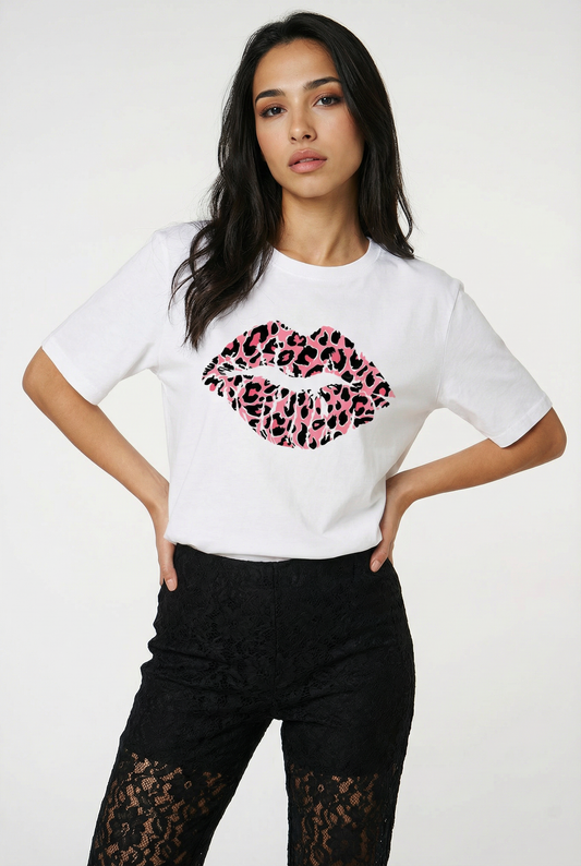 Pink And Rose Lip Motif Oversize Tshirt Top In White
