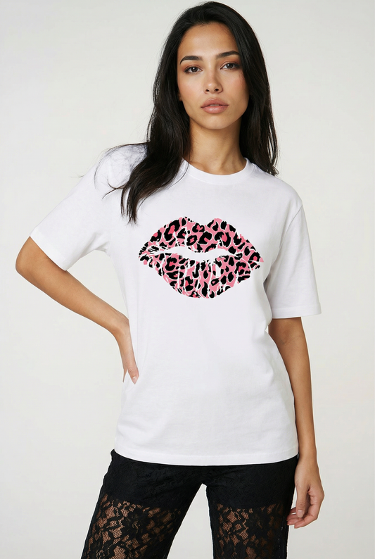 Pink And Rose Lip Motif Oversize Tshirt Top In White