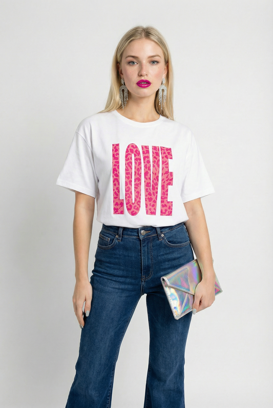 Pink Leopard Love Graphic Tshirt in White