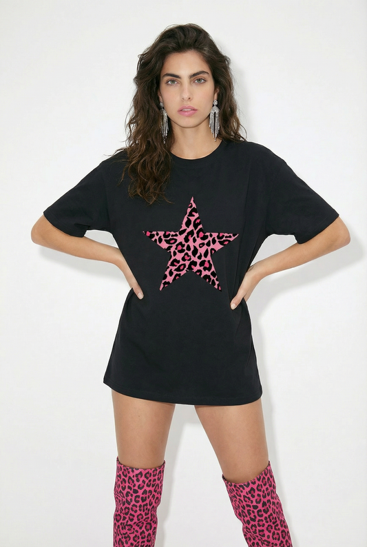 Pink Leopard Print Star Tshirt In Black