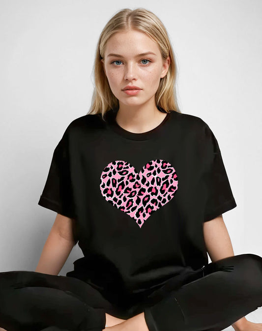 Pink And Rose Leopard Heart Print Tshirt In Black
