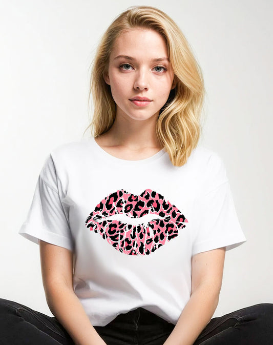 Pink And Rose Lip Motif Oversize Tshirt Top In White