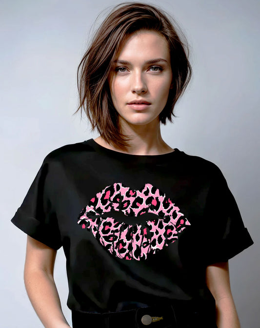 Pink And Rose Leopard Motif Lip T Shirt In Black