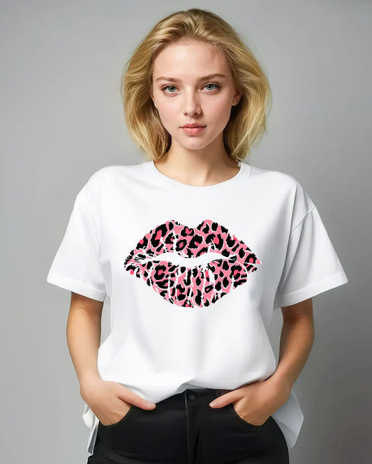 Pink And Rose Lip Motif Oversize Tshirt Top In White