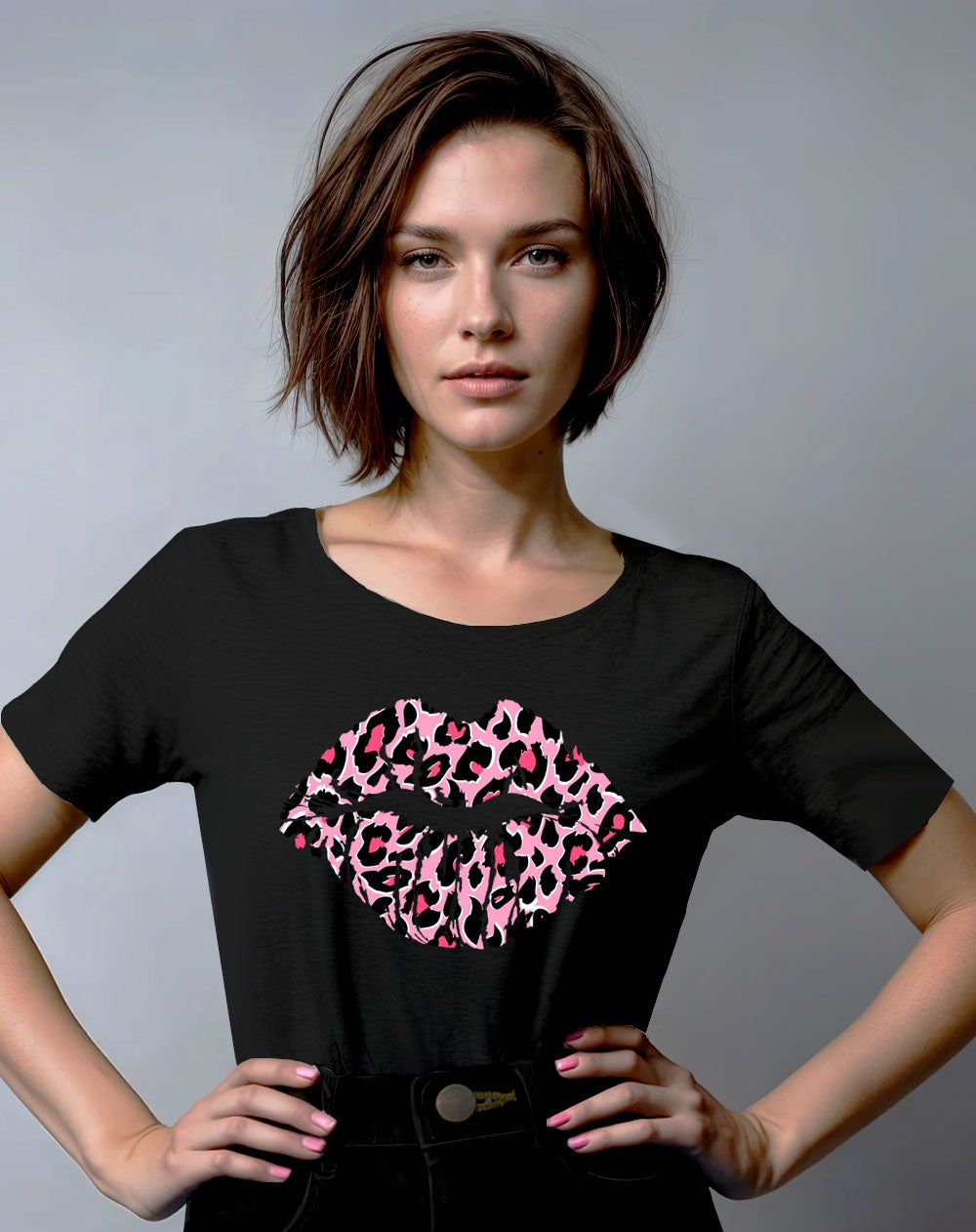 Pink And Rose Leopard Motif Lip T Shirt In Black