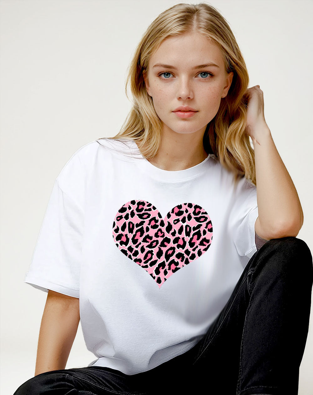 Pink And Rose Leopard Heart Print Tshirt In White