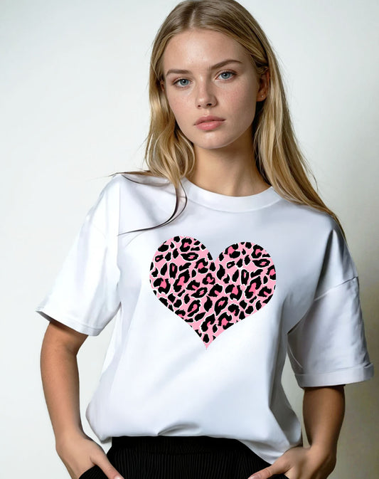Pink And Rose Leopard Heart Print Tshirt In White