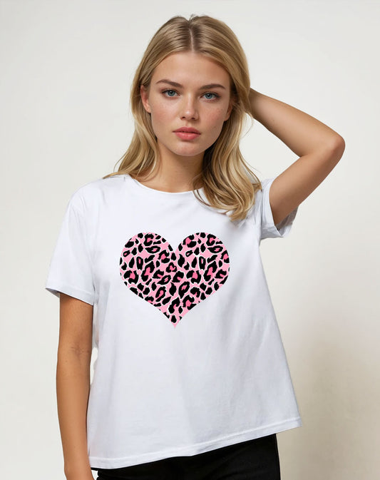 Pink And Rose Leopard Heart Print Tshirt In White