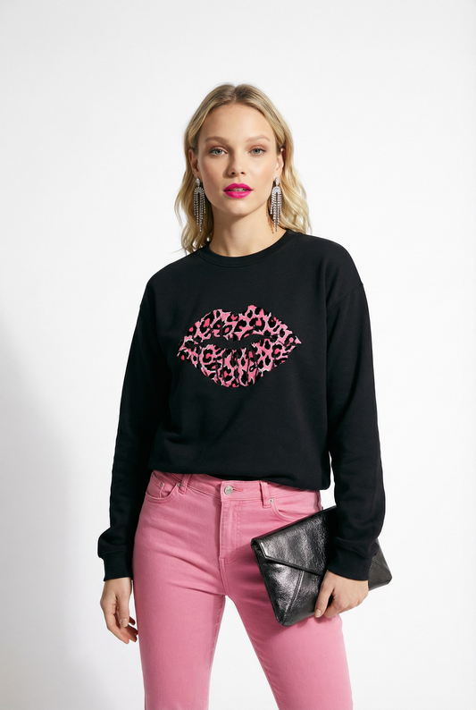 Pink and Rose Leopard Lip Motif Jumper In Black