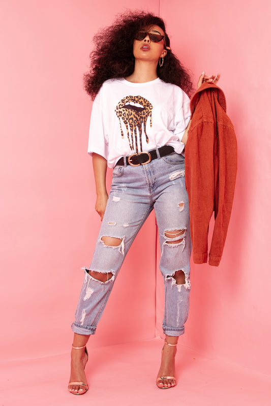 Leopard Print Drip Lip TShirt In White