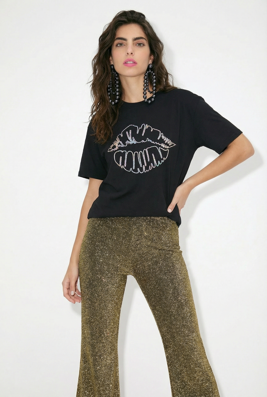 Gold Lip Outline Tshirt in Black