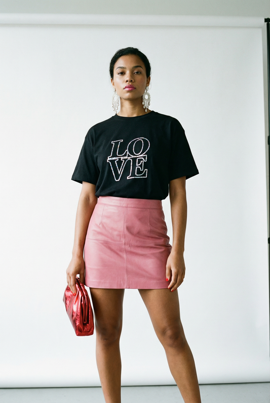 Silver Love Block Print Outline Tshirt In Black