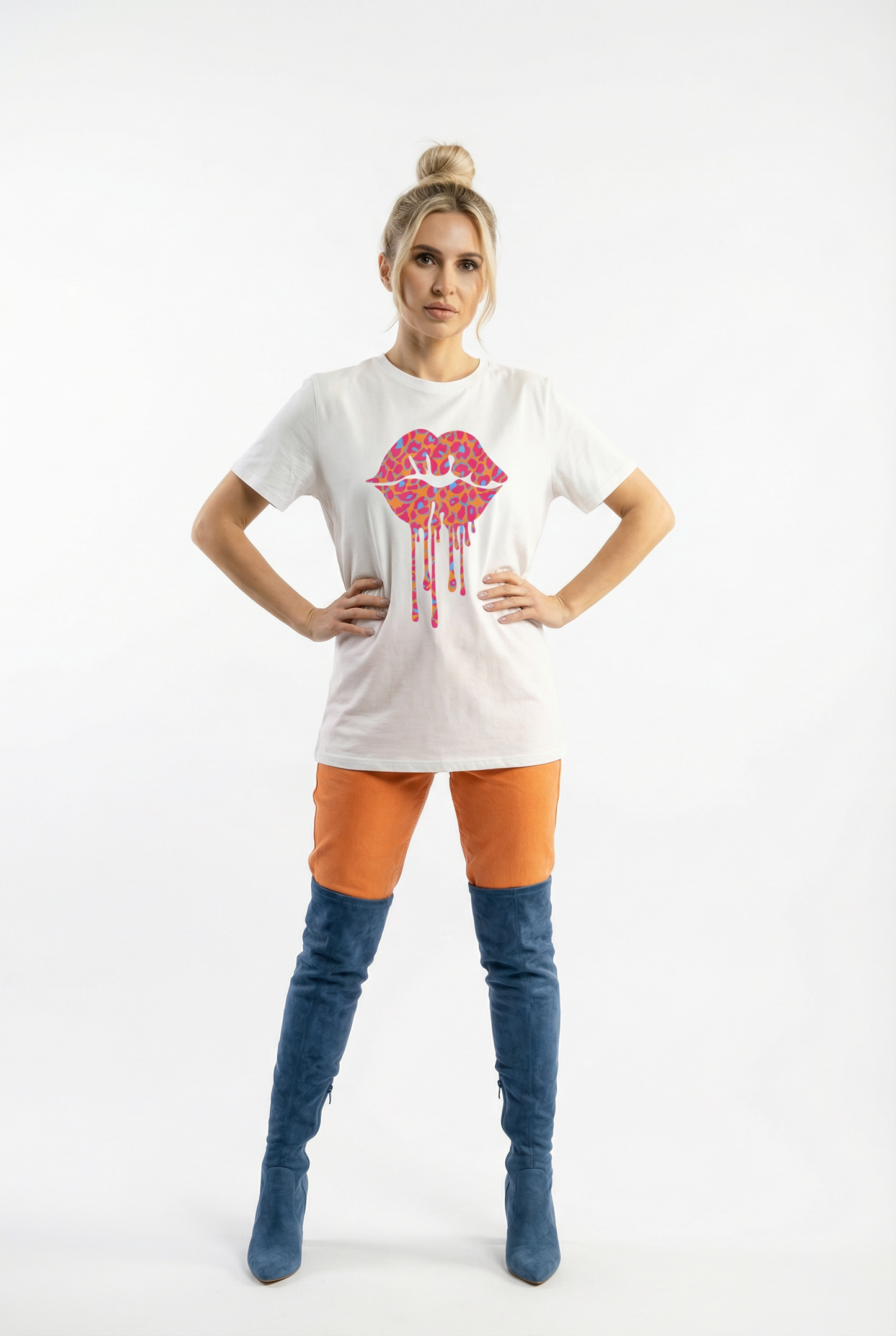 White Oversize Tshirt With Orange Blue And Pink Leopard Craze Lip Drip Motif