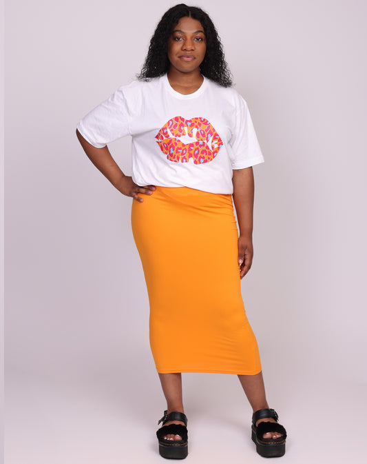 White Oversize T Shirt With Orange And Blue Leopard Lip Print