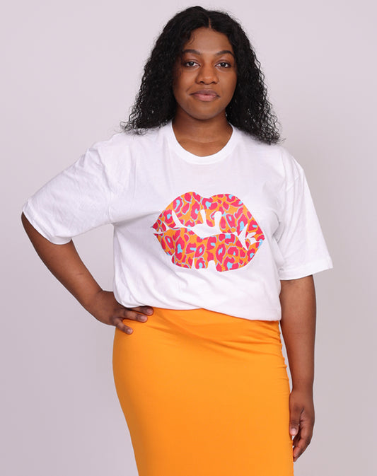 White Oversize T Shirt With Orange And Blue Leopard Lip Print