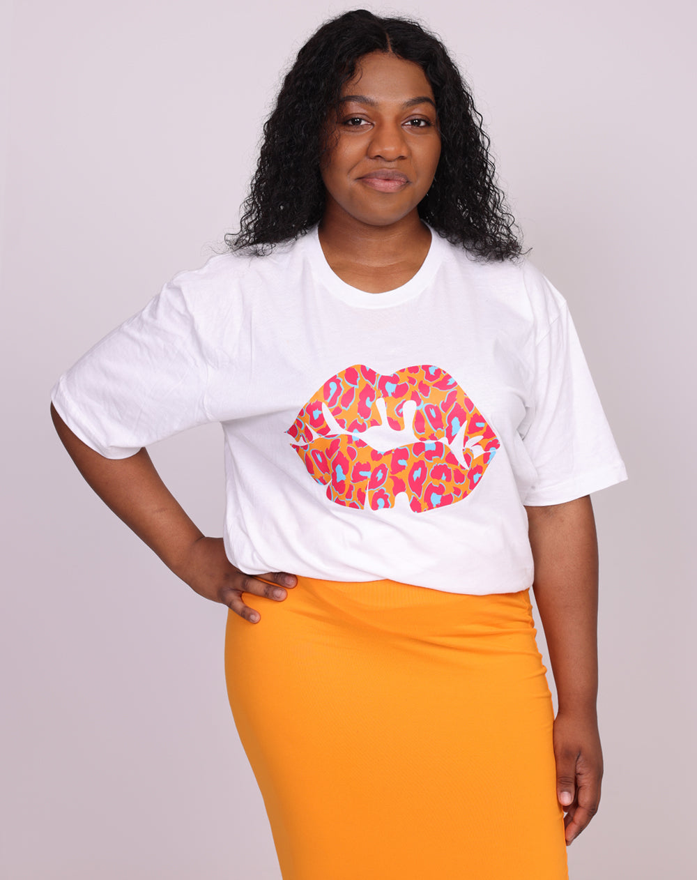 White Oversize T Shirt With Orange And Blue Leopard Lip Print